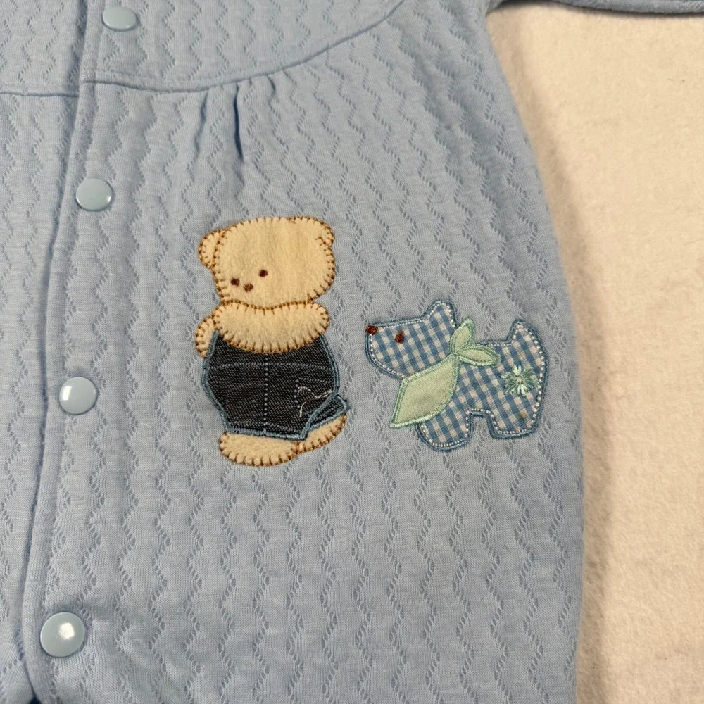 Smart Baby Blue Quilted Knit Romper Teddy Bear Puppy Applique Snap Front 6-9m